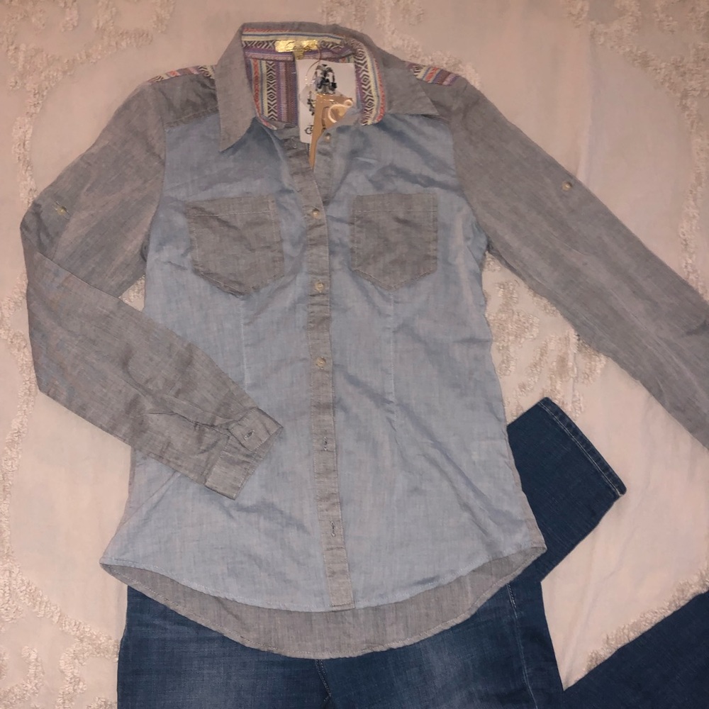 Denim shirt with tribal print details, with tags